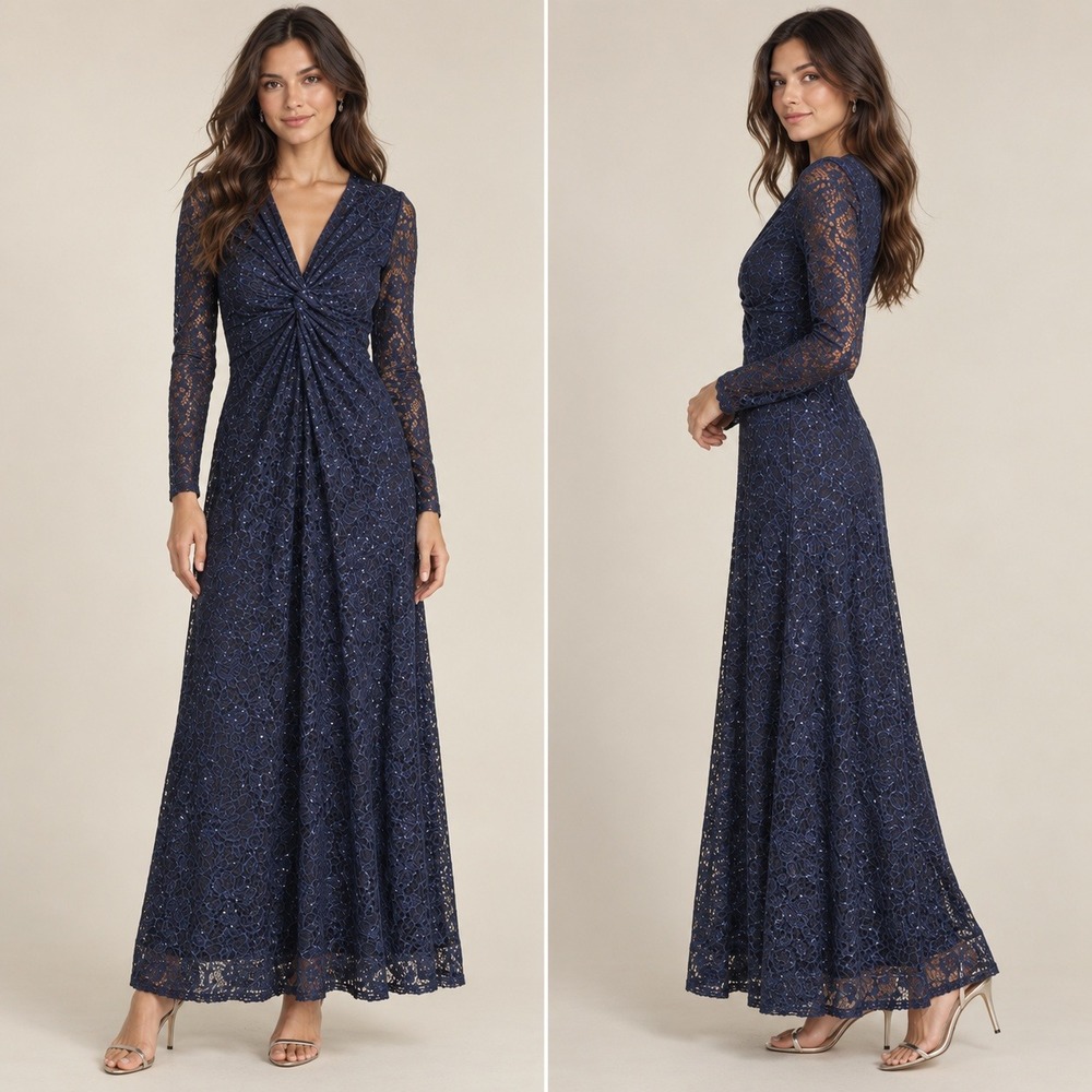 Tahari Arthur S. Levine Navy Blue Sequin Floral Lace Twist Front Maxi Dress 10